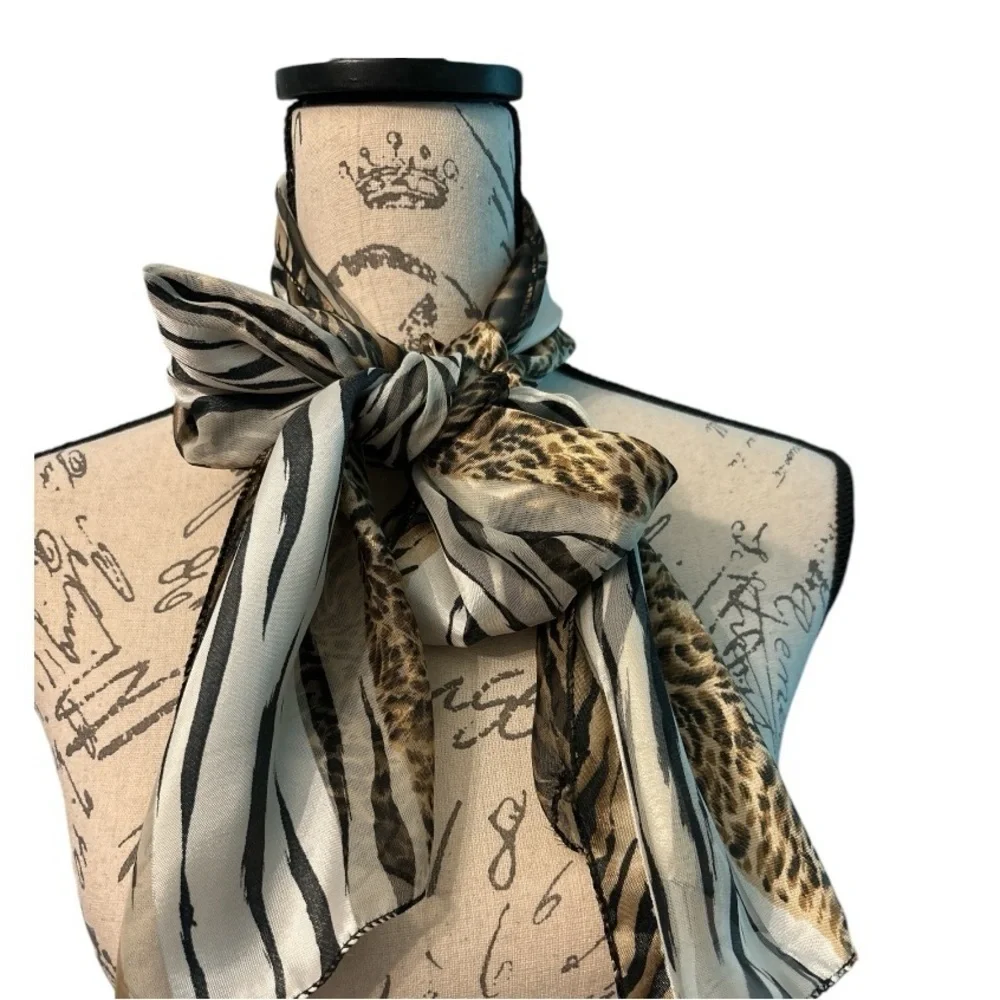 Animal print long scarf,black zebra stripes, brown leopard print.Semi sheer